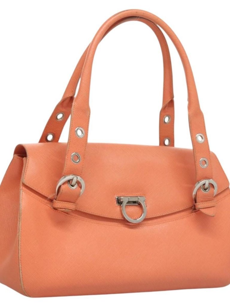 Salvatore Ferragamo Gancini Hand Bag Leather Orange Silver Auth 119985